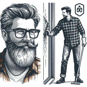 40 year old Bearded man washing a window with a squeegee 
Hipste...
