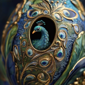 Create an image of an exquisitely crafted Faberge egg, featuring...