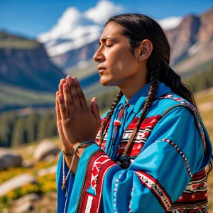 American Indian praying in traditional clothing