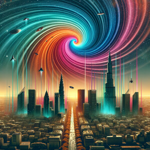 A major city with a huge colorful spiral and spaceships coming o...