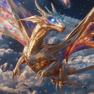 A space dragon with cosmic scales, glowing with the light of gal...