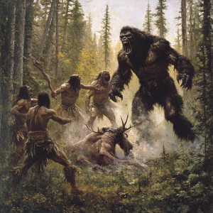 A group American choctaw chase several towering, hair-covered hu...