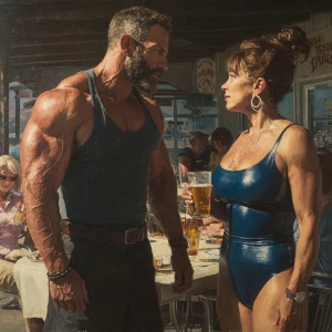 Hyperrealism painting,a muscular sweaty beefy criminal son-in-la...