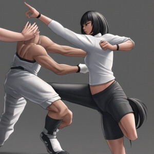 Black female martial artist kicking a white male attacker in the...