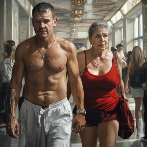 Hyperrealistic  1:1.A sweaty  man walking with his 54 year old m...