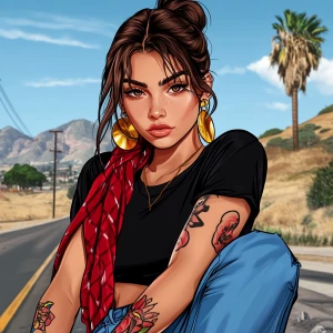 girl with brown hair, thick eyebrows, pumped up lips, potato nos...