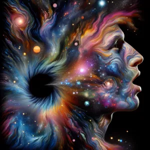 "Create a surreal and cosmic art piece depicting a human face mo...