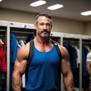 Muscle coach is wearing a jockstrap in the locker room