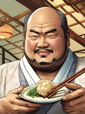 A large man enjoying a dumpling.