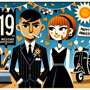 ‘Happy 19th Anniversary!’ Written
A 60s mod vibe with a tan male...
