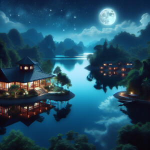 A quiet house by a beautiful lake with the moon and stars shinin...