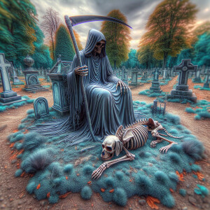 A macro photograph of grim reaper. he is sitting in graveyard wi...