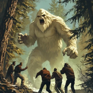 A group of six men chase a towering, hair-covered humanoid sasqu...