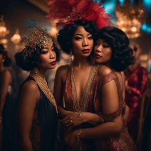 Picture a vibrant scene featuring Afro- Japanese American flappe...