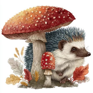Detailed hedgehog with textured mushroom, classic illustration s...