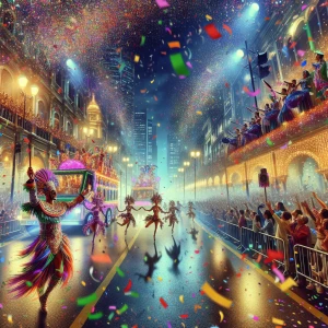 Visualize a bustling city street in the midst of a vibrant festi...