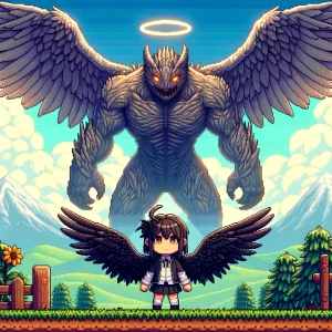 A giant monster and  a small female dark angel