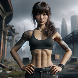 Thin Asian teen girl wearing tight jeans and a halter top Long brown hair and bangs, tattoos on her arms, athletic heroic pose