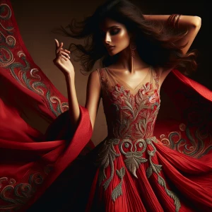 Create a stunning artwork of a beautiful woman in a red dress, w...