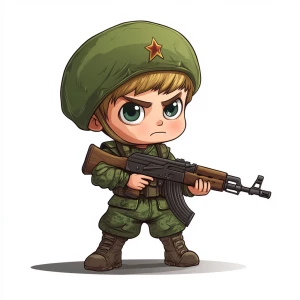 Logo of russian kid soldier in contemporary military attire, hol...