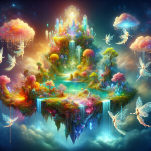 A whimsically enchanted floating island, exuding an aura of othe...