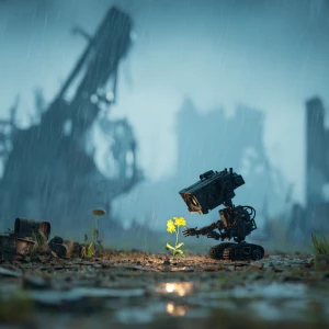 A small, all-black robot silhouette gathers metal debris around...