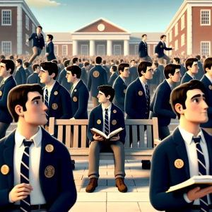 "A grand stop-motion university quad, full of students laughing, chatting, and walking across campus—but in the background, three well-dressed figures in identical navy blazers and golden fraternity pins stand side by side, perfectly still. They are too still. Their heads turned slightly in the same direction, watching something—or someone. The sunlight makes their pins gleam subtly, as if marking them apart from the crowd. In the foreground, a lone student sits on a bench, flipping through a history textbook—unaware that he is being watched."