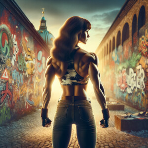 Athletic Thin skinny Attractive, Asian teenage girl, long brown hair and bangs, wearing tight skinny jeans and a halter top paint marks on her clothing, heroic pose Asian graffiti background, backside view