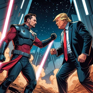 Comic book-style scene inspired by Star Wars, featuring Elon Mus...