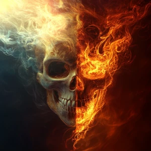 A  skull face emerging from a flame, half alive and half burning...