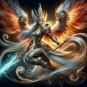 A towering valkyrie, armored in gleaming silver and gold, wields...