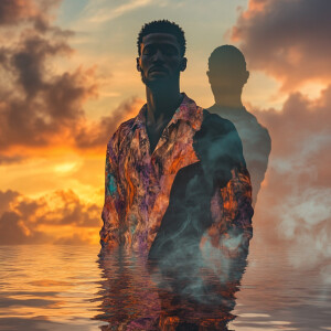 Create an image of an African American man enveloped in smoke, w...