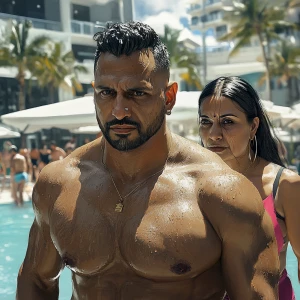 Create a realism photorealistic image of a muscular, sweaty man...