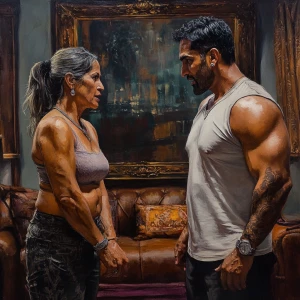 realism sharp detailed  painting style  .A sweaty muscular man t...