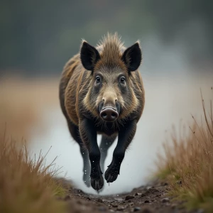 Professional photography of a wild boar running across a wet  co...