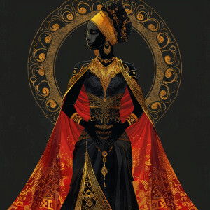 Illustrate a full body regal Empress reflecting a blend of Afr...