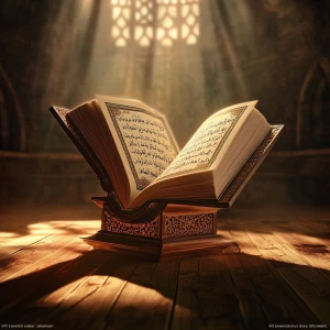 An elegant Islamic-themed background with an open Qur’an placed...