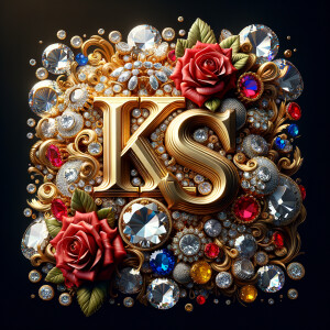 Create a 3-D realistic image with the letters  K.S. in gold raised letters and add some red roses. Add diamonds and colorful jewels