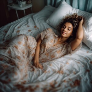 Full body shot from above of a Beautiful woman waking up laying...