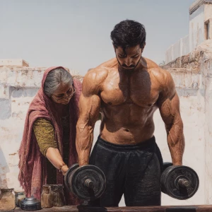 Hyperrealism painting,A muscular beefy sweaty kashmiri man doin...