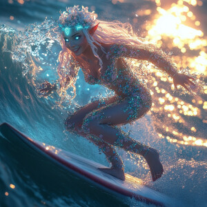 adorable happy female elf fairy water trolls riding a wave on a...