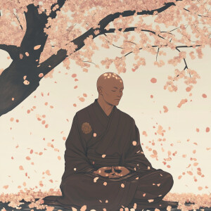 A serene monk in a simple robe, meditating under a cherry blosso...
