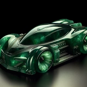 A futuristic car sleekly shaped from rich green jade. The polish...