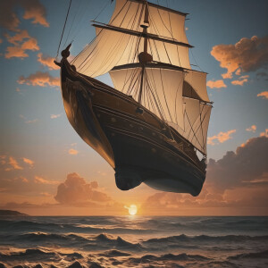 painting of a Spanish Galleon at sunset, in the style of 19 cent...