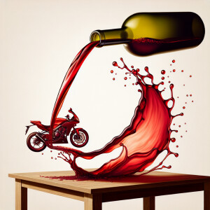 Wine pouring out of a bottle, and as it gets near the table it m...
