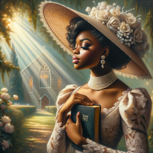 Render an airbrush oil painting of an African American woman with flawless makeup in a
contemplative pose, holding a Bible close to her heart, dressed in an elegant Sunday Best
outfit with a distinctive Church Hat. The background features a peaceful church garden,
with light filtering through the trees, highlighting her spiritual connection and the personal
moment of reflection. The artwork should capture the tranquility of the scene, the beauty
of her attire, and the depth of her contemplation, reflecting a serene and spiritually