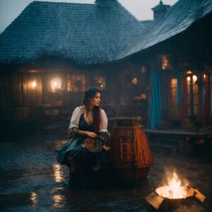 A drenched Wench at a pirate hideaway siting by a fire on a rain...