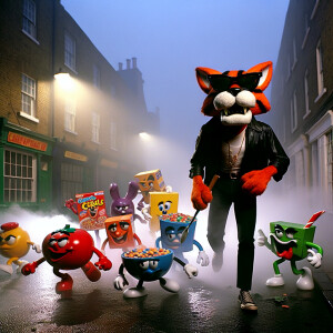 Zombie Chester Cheeto attacking the cereal mascots, dark and glo...