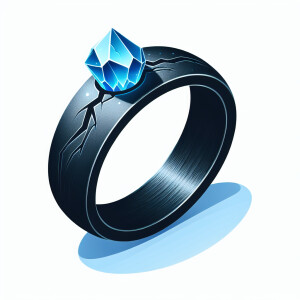 wide flat black metal wedding ring with one jagged crack, blue i...