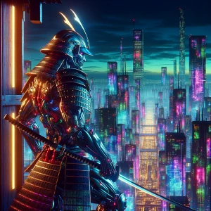 Futuristic Ironman  samurai looking down at the city from a city...